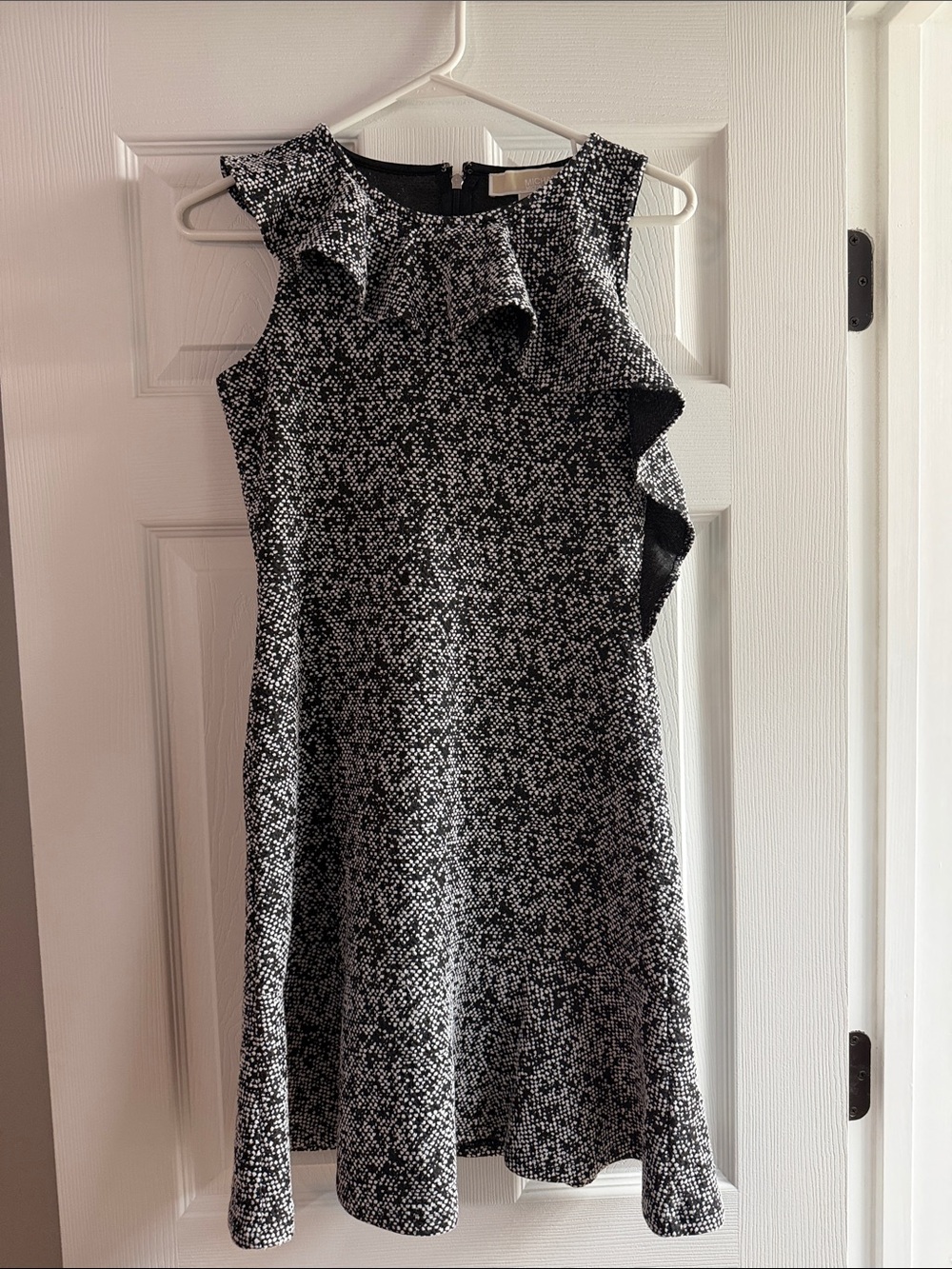 Michael Kors Black & White Tweed Ruffle-Neck Mini Dress